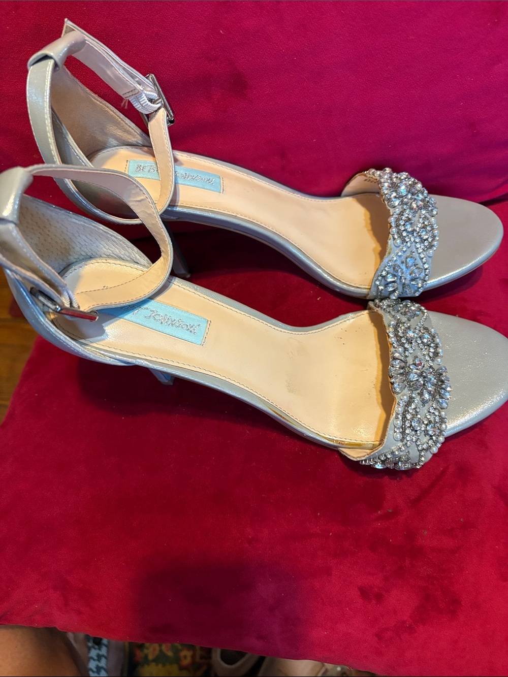 Betsey Johnson Silver Rhinestone Ankle-Strap Heels